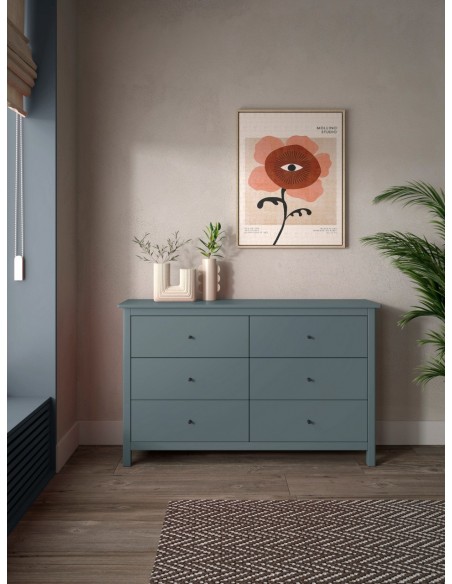 Cómoda mediterránea MISTI 130 x 80, 6 cajones, pino en verde