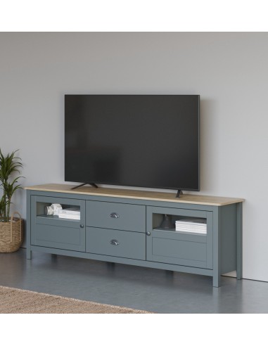 Mueble de TV mediterráneo MISTI 180 x 59, madera pino encerada y verde