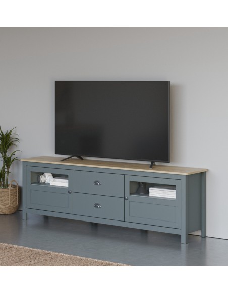 Mueble de TV mediterráneo MISTI 180 x 59, madera pino encerada y verde