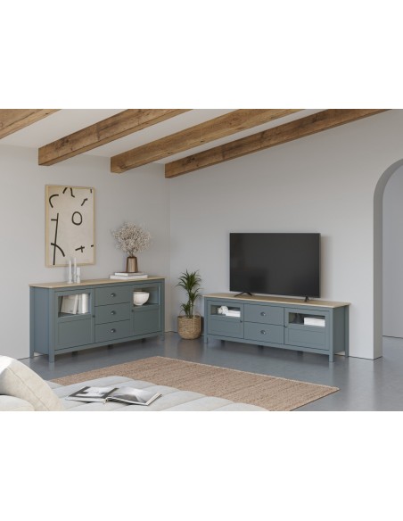 Mueble de TV mediterráneo MISTI 180 x 59, madera pino encerada y verde