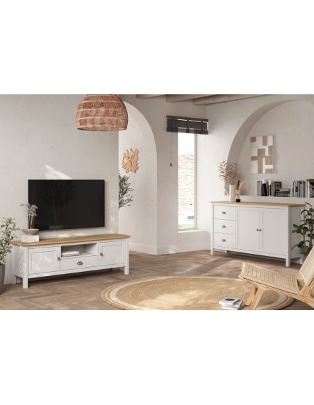 Móvel TV MISTI Mediterrâneo 158 x 53, madeira de pinho encerado e branco