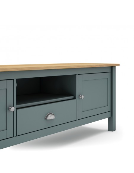 Mueble de TV mediterráneo MISTI 158 x 53, madera pino encerada y verde