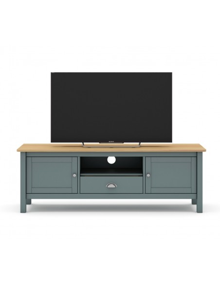 Mueble de TV mediterráneo MISTI 158 x 53, madera pino encerada y verde