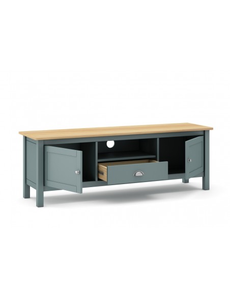 Mueble de TV mediterráneo MISTI 158 x 53, madera pino encerada y verde