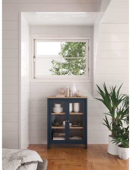 Vitrina MISTI Mediterrâneo 90 x 110, madeira de pinho encerada e azul