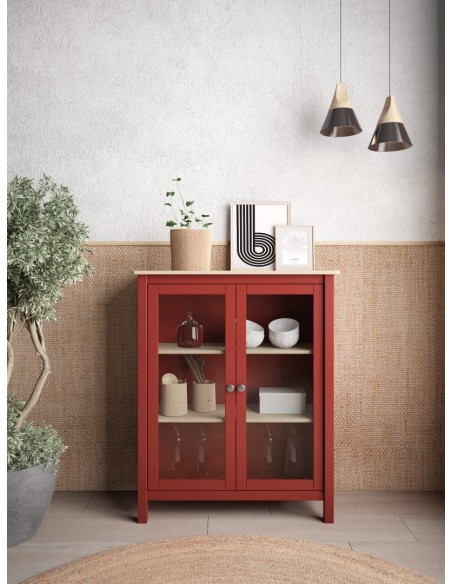 Vitrina mediterráneo MISTI 90 x 110, madera pino encerada y burdeos