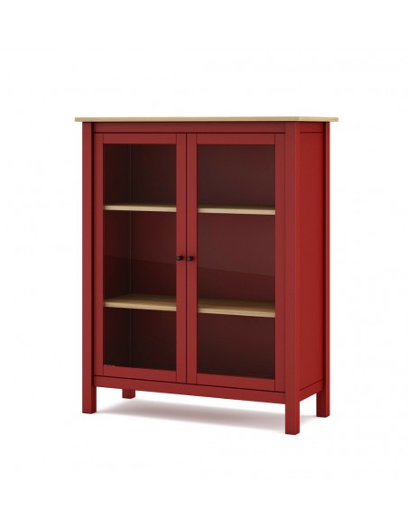 Vitrina mediterráneo MISTI 90 x 110, madera pino encerada y burdeos