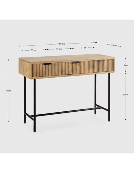 CONSOLA étnica MUNDRA 100 x 38, MADERA de MANGO y METAL negro