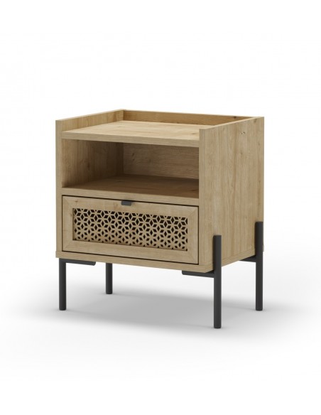 Mesita de noche estilo rústico INCA 48 x 35, 1 cajón y 1 hueco color roble