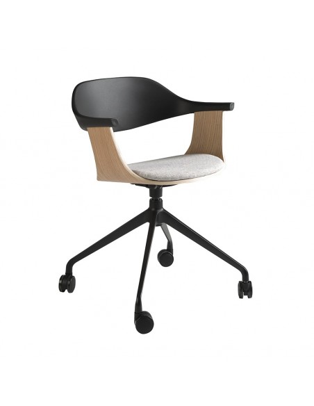 SILLA OFICINA GIRATORIA chapa roble con TELA GRIS Y PVC NEGRO