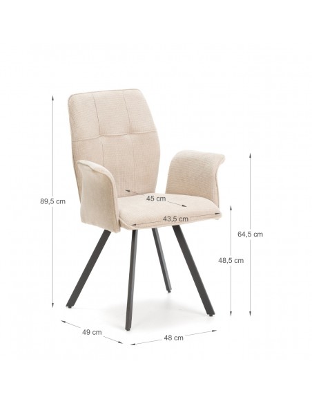 Silla con brazos MERY, tejido beige y metal negro