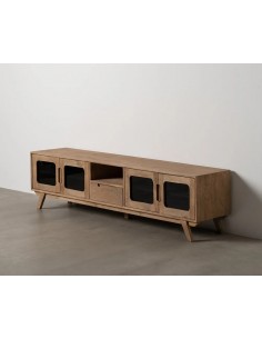 Mueble de TV BURNIE 180 x 48, cristal y madera de mango