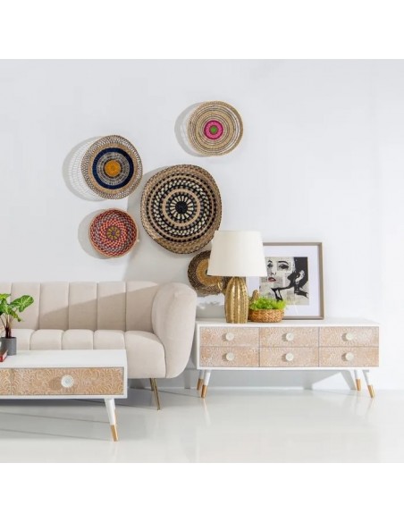 Mueble TV shabby chic KLEE 120 x 50, madera de pino natural y blanco