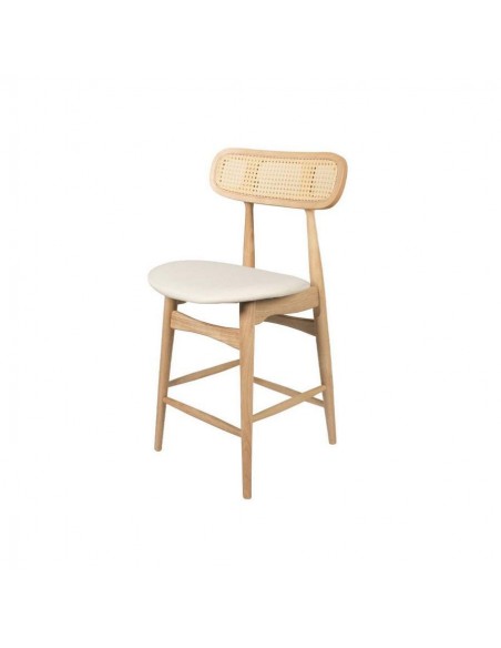 Taburete colonial Dorian 65cm, madera natural y ratán, asiento en tela.