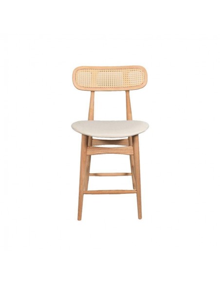 Taburete colonial Dorian 65cm, madera natural y ratán, asiento en tela.