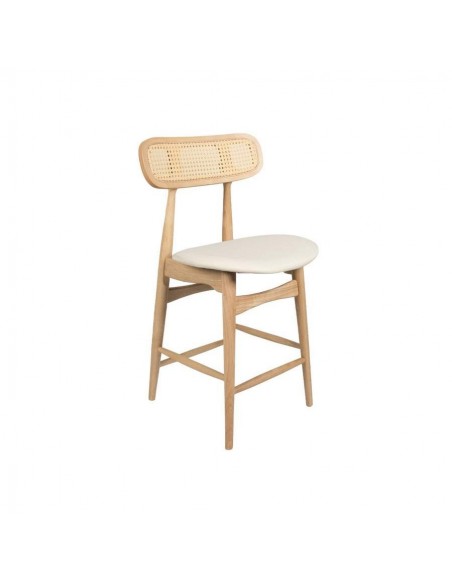 Banco colonial Dorian 65cm, madeira natural e rattan, assento em tecido.