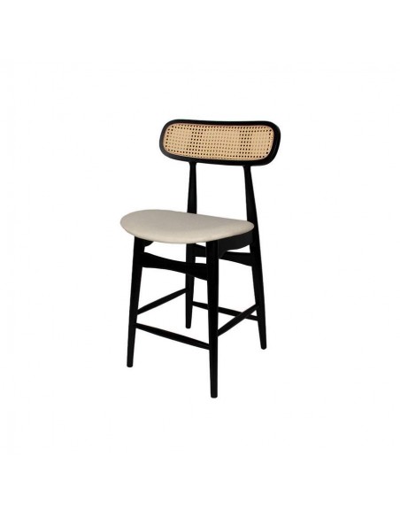 Banco colonial Dorian 65cm, madeira natural en preto e rattan, assento em tecido.