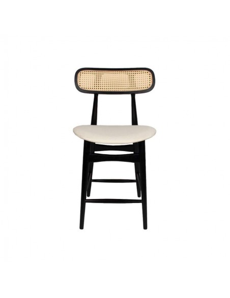 Taburete colonial Dorian 65cm, madera natural en negro y ratán, asiento en tela.
