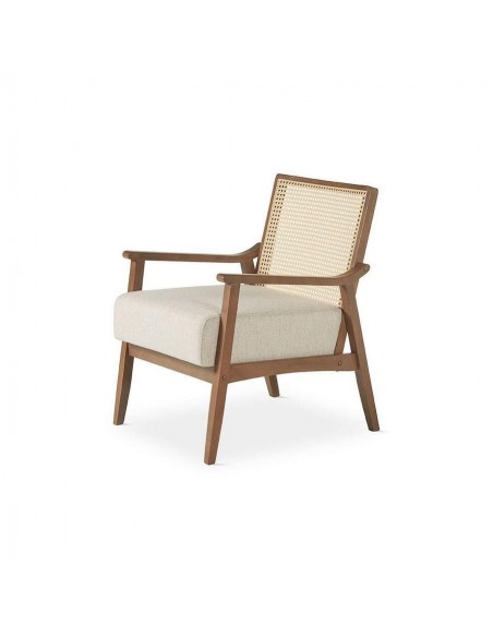 Butaca colonial Dorian, madera en nogal y ratán, asiento en tela.