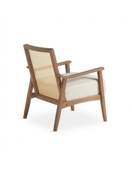 Butaca colonial Dorian, madera en nogal y ratán, asiento en tela.