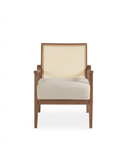 Butaca colonial Dorian, madera en nogal y ratán, asiento en tela.