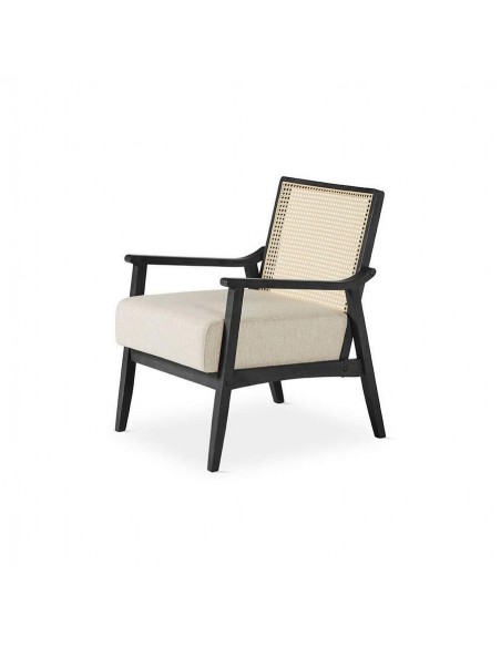 Butaca colonial Dorian, madera en negro y ratán, asiento en tela.