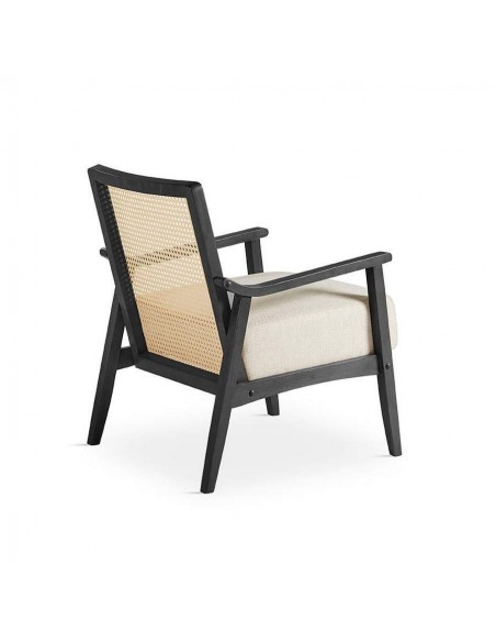 Butaca colonial Dorian, madera en negro y ratán, asiento en tela.