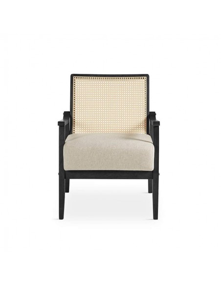 Butaca colonial Dorian, madera en negro y ratán, asiento en tela.