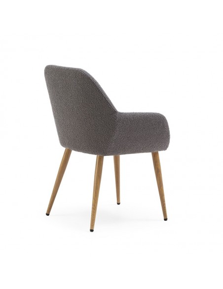 Cadeira design com braços LASHY em tecido chenille e pes em metal efeito madeira