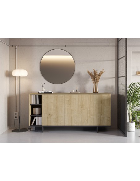 Aparador CEQUOIA 170 x 40, 3 puertas y 3 huecos en roble y negro silky