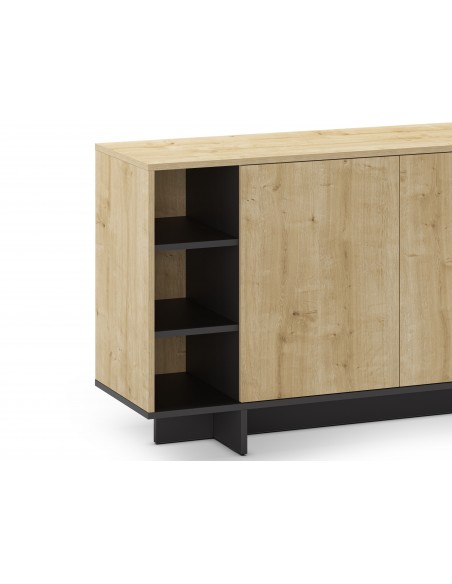 Aparador CEQUOIA 170 x 40, 3 puertas y 3 huecos en roble y negro silky