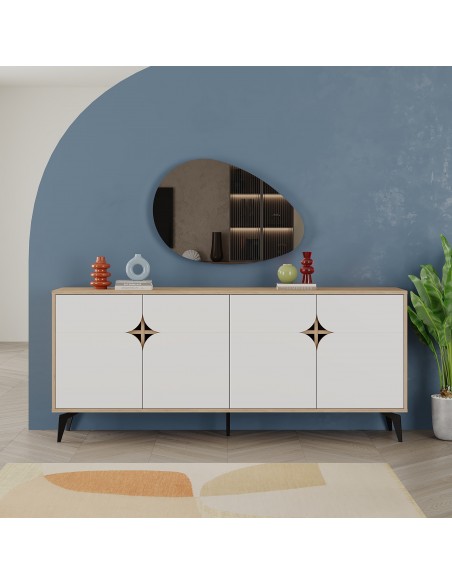 Aparador moderno 185 x 79 NOLA 4 puertas, color roble y blanco
