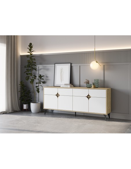 Aparador moderno 185 x 79 NOLA 4 puertas, color roble y blanco