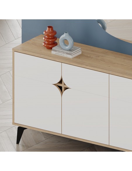 Aparador moderno 185 x 79 NOLA 4 puertas, color roble y blanco