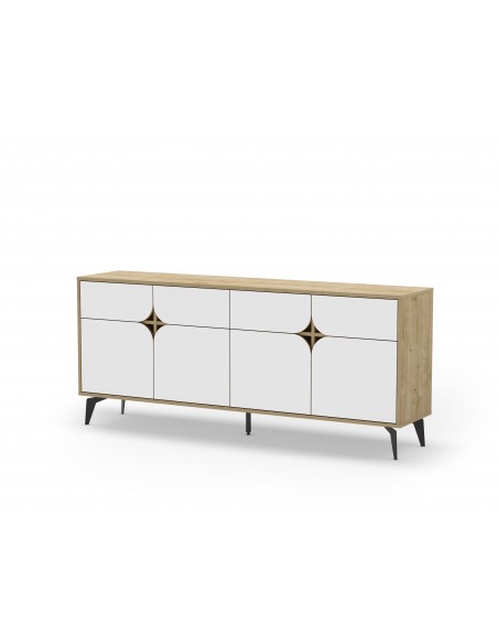 Aparador moderno 185 x 79 NOLA 4 puertas, color roble y blanco