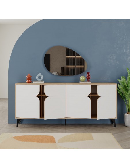Aparador moderno 185 x 79 NOLA 4 puertas, color roble y blanco