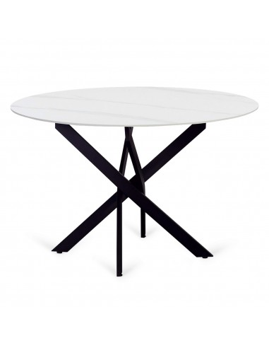 Mesa redonda de design Ruth 110, cerâmica de mármore branco e metal preto