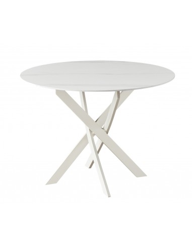 Mesa redonda de design Ruth 110, porcelânico branco mármore e metal creme