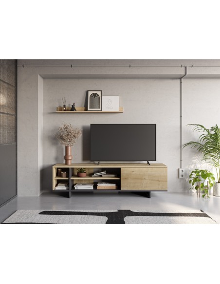 Mueble de TV moderno CEQUOIA 160 x 35,1 puerta, 4 huecos, melamina roble y negro silky