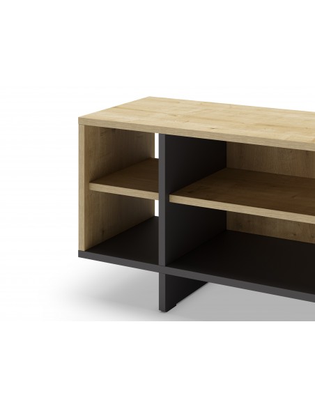 Mueble de TV moderno CEQUOIA 160 x 35,1 puerta, 4 huecos, melamina roble y negro silky