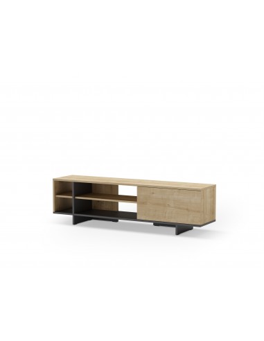 Móvel de TV moderno CEQUOIA 160 x 35,1 portas, 4 espaços, carvalho melamínico e preto sedoso