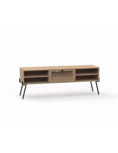 Mueble de TV moderno EVAN 140 X 51, melamina en roble y patas de metal negro