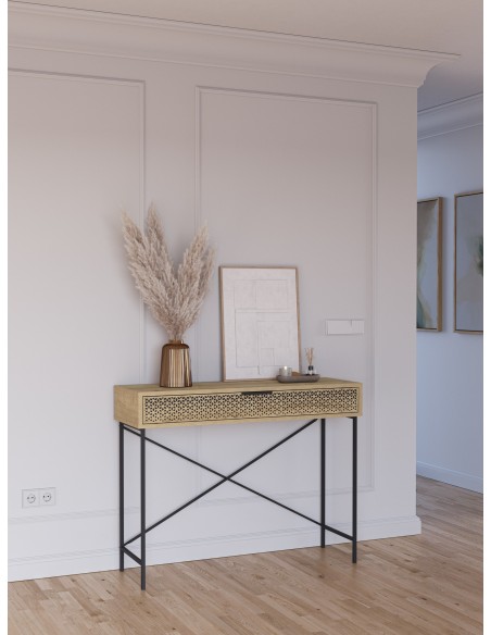 Consola moderna ECRIN 110 X 85, melamina roble y base metal negro