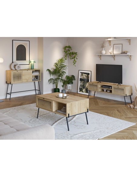 Consola moderna ECRIN 116 X 91, melamina carvalho e base em metal preto