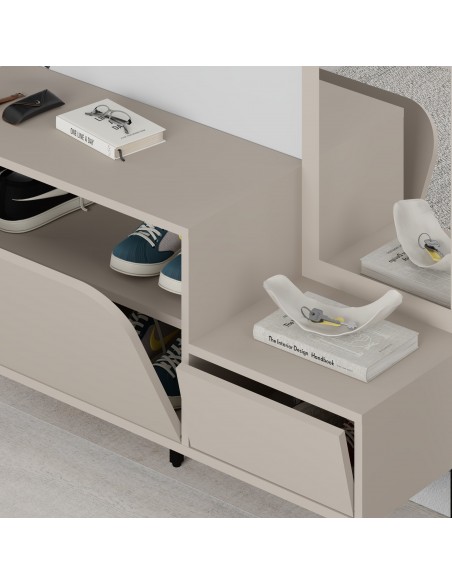 Consola sapateira moderna BEA 112 x 172, espelho, cabide, melamina creme