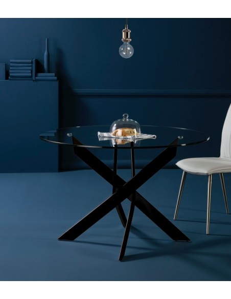 Mesa redonda de cristal minimalista Ruth 110, base metal negro