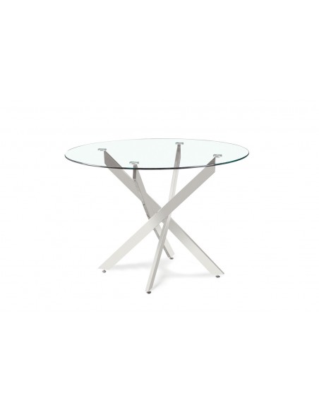 Mesa redonda minimalista em vidro Ruth 110, base em metal cromo