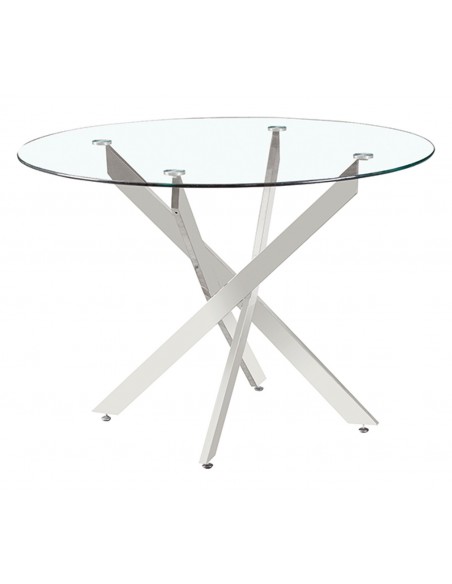 Mesa redonda minimalista em vidro Ruth 110, base em metal cromo