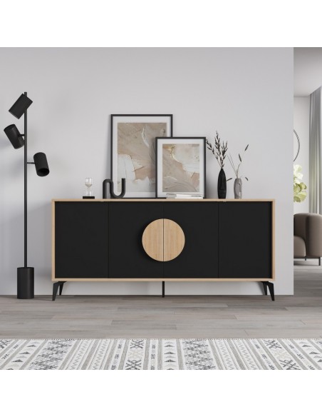 Aparador moderno 180 x 82 VAE, 4 puertas, melamina roble y negro silky
