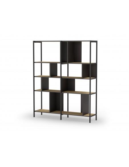 Estantería de diseño ALABAMA 144 x 175, melamina roble y negro, metal negro
